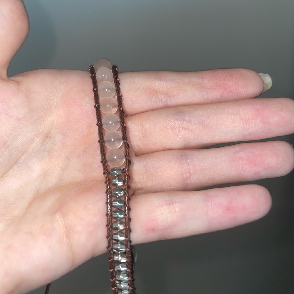 rose quartz and silver bead leather necklace